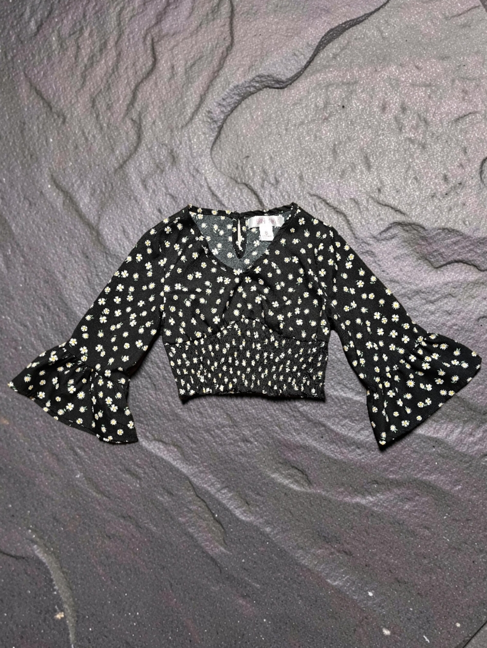 Black Floral Smocked Crop Top with Bell Sleeves. Size 8. EXCELLENT CONDITION!